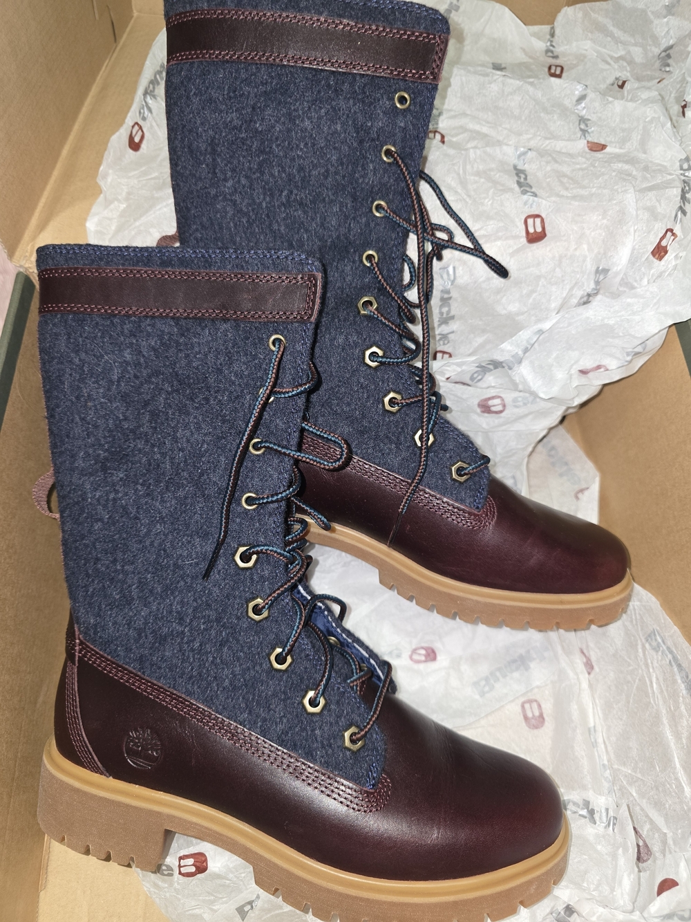 Timberland Women's Tall Lace-Up Winter Boots - Navy Wool & Burgundy Leather